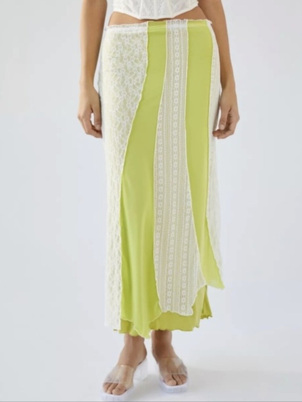 Urban Outfitters Ivory Lace & Lime Green Fitted Stretchy Midi Skirt, XS